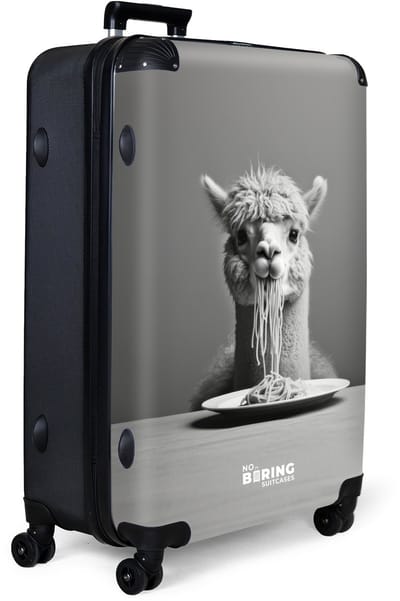 NoBoringSuitcases.com® - Koffer groot - Reiskoffer lichtgewicht - Alpaca met spaghetti in grijstinten - Rolkoffer met 4 wielen - Grote trolley XL - 98 liter bagage
