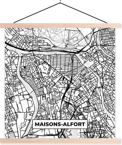 Posterhanger incl. Poster 40x40 cm - Schoolplaat - Stadskaart - Frankrijk - Maisons-Alfort - Kaart - Plattegrond - Zwart wit - Textielposter - Blanke latten - Stadskaart