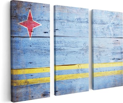 Artaza Canvas Schilderij Drieluik Aruba Vlag op Hout - 120x80 cm - Wanddecoratie Woonkamer - Schilderijen - Muurdecoratie