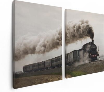 Artaza Canvas Schilderij Tweeluik Locomotief Trein met Rook Wolken - 120x80 - Foto Op Canvas - Canvas Print