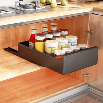 Keukenkast Organizer - Uitschuifbare Plank - Kast Ordenen - Boorvrije Installatie - 25x43x9 cm - Zwart