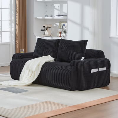 MODFU 2-Zits Bank - Modulair - Met Bekerhouder En Opbergvak - Modern - Woonkamer - Ribstof - Zwart - 200 X 99 X 80 Cm
