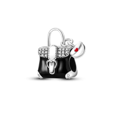 Fler® | Bedel | Past op populaire bedel armbanden (standaard-3mm) | armbandbedel | Bedel zwarte handtas | i love shopping | HangBedel Charm | 925 Sterling Zilver | Emaille zwart, rood | Zirkonia transparant | Cadeau |