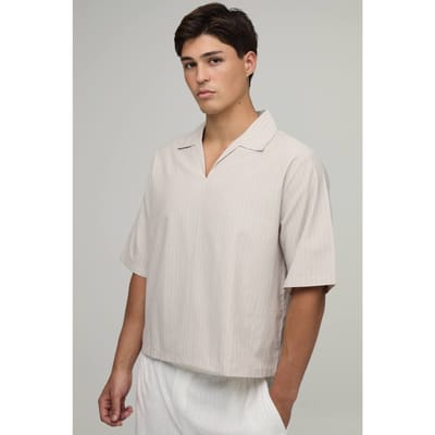 Oversized Boxy Poplin Stripe V-Neck Polo T-Shirt | Light Grey | Size Small