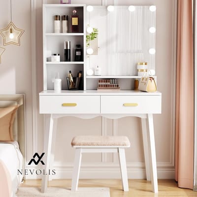 Nevolis Kaptafel met spiegel in 3 kleuren - 10 LED-lampen verlichting - Kaptafel cosmetica voor meisjes - Kaptafel en kruk Wit BDT70W .