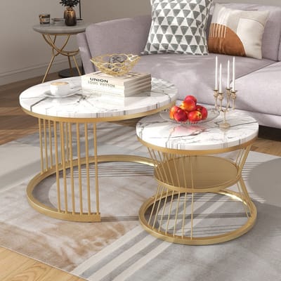 Set van 2 Ronde Salontafels – Wit Tafelblad & Goudkleurig Metaal – 70 cm & 45 cm – Luxe Moderne Koffietafels / Bijzettafels
