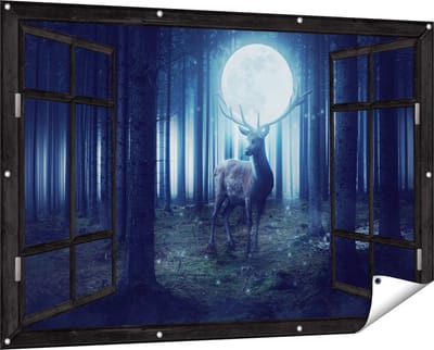 Gards Tuinposter Doorkijk Hert in het Bos tijdens Volle Maan - 150x100 cm - Tuindoek - Tuindecoratie - Wanddecoratie buiten - Tuinschilderij