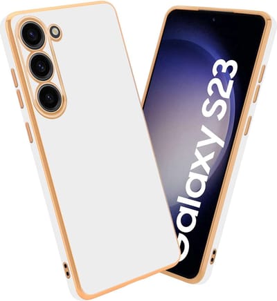 Cadorabo Hoesje geschikt voor Samsung Galaxy S23 in Glossy Wit - Goud - Beschermhoes Case Cover van flexibel TPU-silicone en met camerabescherming