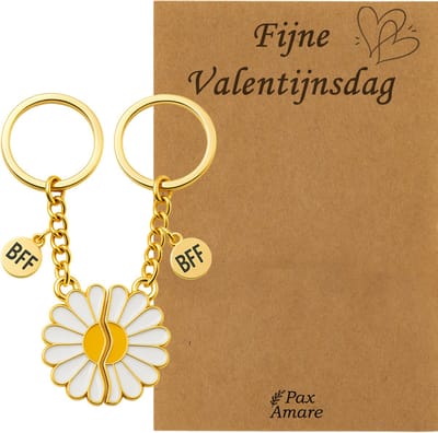Koppel Sleutelhanger voor 2 'Fijne Valentijnsdag' - Magnetische Bloem - Sleutelhanger set op Cadeau Kaartje - Goudkleurig - Vriendschap of Relatie Symbool - Pax Amare