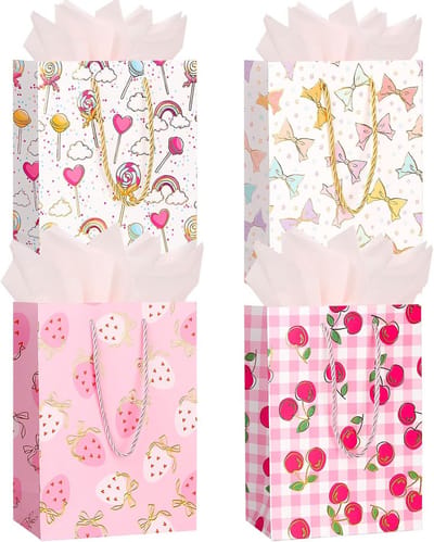 Luxe Geschenkzakken Middelgroot (4 stuks) met Zijdepapier - Wit & Roze Cadeau Verpakking