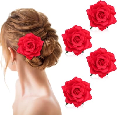 Set van 4 Haarclips met Rode Rozen - Bloemaccessoires voor Feestjes, Bruiloften en Dansers