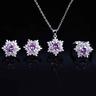 Luxe Kleurrijke Edelsteen Sieradensets voor Vrouwen Sneeuwvlokken Hanger Ketting Knop Oorbellen Ring Set Feest Accessoires Resizable white