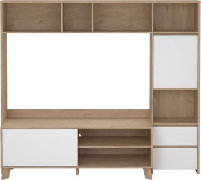 Next wandkast Systeem voor TV, 1 deur, 1 schuifdeur, 2 lades eiken decor, wit hoogglans.