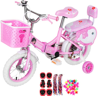 Meisjesfiets met Zijwieltjes – 16 Inch Kinderfiets voor Meisjes van 2-12 Jaar (100-120 cm) – Inclusief Mandje & Poppenstoeltje – Opvouwbaar & Verstelbaar – Roze
