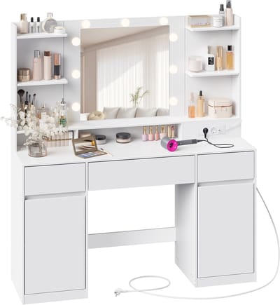 VASAGLE - Kaptafel - Make up Tafel - Kaptafel met Spiegel en Verlichting - 3 Lades - Oplaadstation - 2 Kasten
