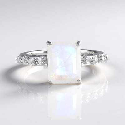 Cavill - Regenboog Maansteen Ring 2,693 Ct - 925 Sterling Zilver Platina - Achthoekige Maansteen & Zirconia 0,342 Ct - Elegante Ring