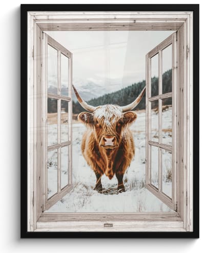 Poster in lijst - Fotolijst 50x70 cm - Posters - Schotse Hooglander - Winterlandschap - Landelijk - Bergen - Doorkijk - Posterlijst zwart - Decoratie - Wanddecoratie woonkamer - Muurdecoratie slaapkamer