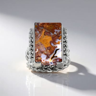 Cavill - Bali Barong Zilveren Ring - 925 Sterling Zilver met Platina Afwerking - 13,5 ct Versteend Palmhout - Handgemaakt