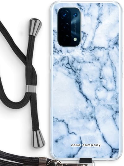 Case Company® - Hoesje met koord geschikt voor Oppo A74 5G hoesje met Koord - Blauw marmer - Telefoonhoesje met Zwart Koord - Bescherming aan alle Kanten en Over de Schermrand