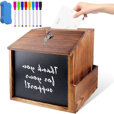 Slotbare houten suggestiebox met 8-kleurige stift en niet-magnetische bordveger voor school, kantoor en evenementen (21 x 20 x 16.5 cm)