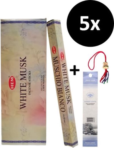 Wierook - Wierookstokjes - 5 Kokers - 100 Stokjes + 5 Mini Stokjes En 1 Gelukspoppetje - Geur Witte Musk - White Musk