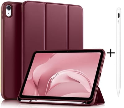 Casemania Stylus en Hoes Geschikt voor Apple iPad 2025 (A16) - Bordeaux Rood - Universeel Stylus Pen - Smart Cover met Pencil Slot Uitsparing
