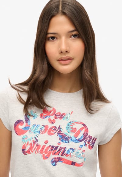 Superdry - T-shirt met kapmouwen, bloemenprint en tekst - Dames - T-shirts