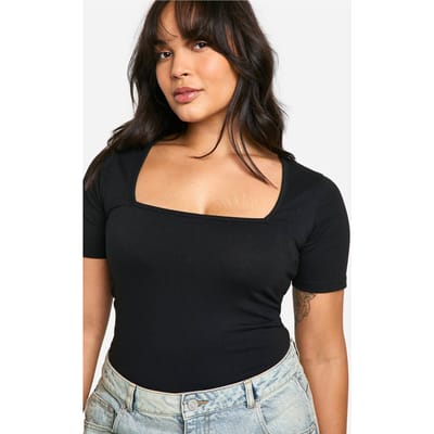 Dames Boohoo Basics Plus katoenen bodysuit met vierkante halslijn en korte mouwen | Zwart | Maat: 46
