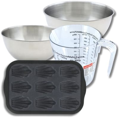 Bakset met 9 madeleinevormpjes 28 x 18 cm van siliconen, 2 mengkommen, maatbeker en spatel Zenker