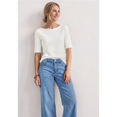 Shirt met golvende halslijn in effen kleur