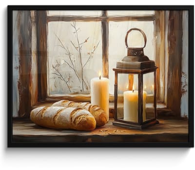 Poster in lijst - Fotolijst 70x50 cm - Posters - Stilleven - Rustiek - Kaarsen - Broden - Raam - Posterlijst zwart - Decoratie - Wanddecoratie woonkamer - Muurdecoratie slaapkamer