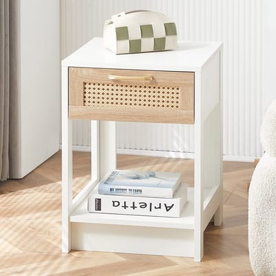 Pugsdrly Rieten bijzettafel met lade, moderne nachtkastje, bijzettafel voor woonkamer, slaapkamer, wit-H55/B40/T40 cm