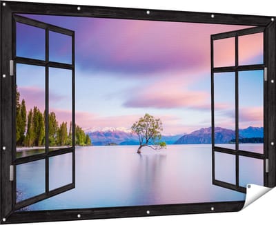 Gards Tuinposter Doorkijk Wanaka Boom in het Water bij Zonsopgang - 180x120 cm - Tuindoek - Tuindecoratie - Wanddecoratie buiten - Tuinschilderij