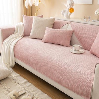 Nordic Chenille Bankhoes voor Woonkamer Antislip Dikke Bankkussen Fauteuil Zitmat Hoekbanken Handdoek 110*240cm roze