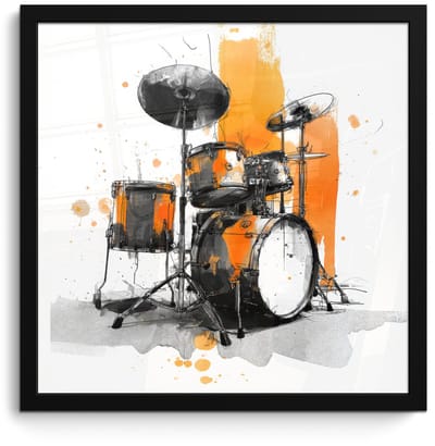 Poster in lijst - Fotolijst 40x40 cm - Posters - Drumstel - Oranje - Zwart - Aquarelverf - Posterlijst zwart - Decoratie - Wanddecoratie woonkamer - Muurdecoratie slaapkamer