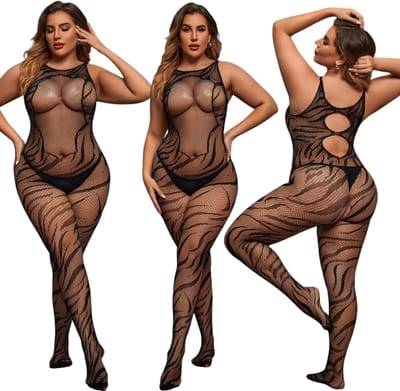 Elana Noctara Plus Size Bodystocking – Zwart Visnet met Sierlijk Patroon – Hoge Rekbaarheid – Sensuele Full Body Lingerie