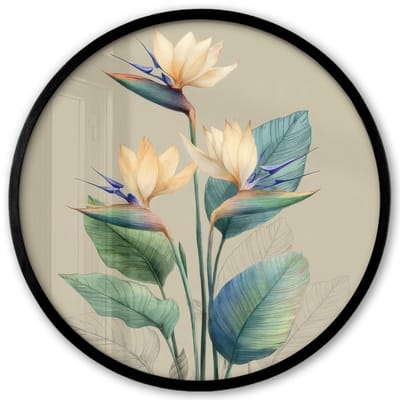 Poster in lijst Rond - Fotolijst 40x40 cm - Posters - Paradijsvogelbloemen - Blauwgroene bladeren - Beige - Ronde posterlijst zwart - Decoratie - Wanddecoratie woonkamer - Muurdecoratie slaapkamer
