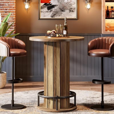 Tribesigns Ronde Bartafel – Industriële Bartafel - 79 x 79 x 100 cm - Houten Bistrotafel met Metalen Ringvoetsteun voor Dineren, Koffie Drinken - Bruin(Alleen Tafel)