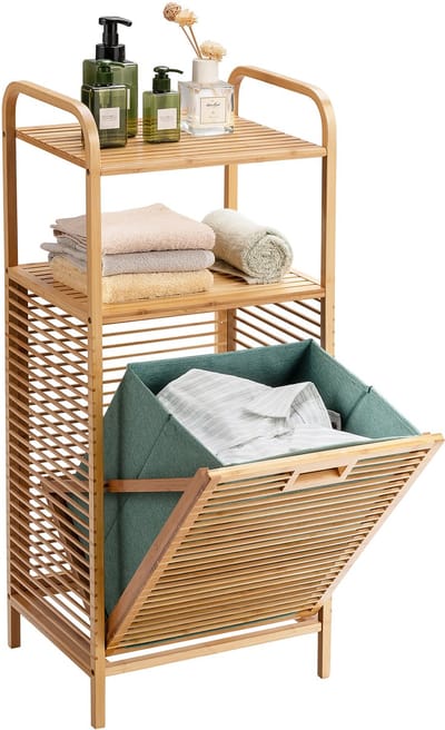 COSTWAY Badkamermeubel met schommelwasmand en 2 opbergplanken, afneembare Oxford-voering, voor woonkamer, keuken van bamboe en canvas (40,5 x 33 x 95,5 cm)