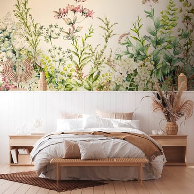 Fotobehang Profhome 382771-GU vliesbehang hardvinyl warmdruk in reliëf glad met bloemmotief mat beige groen 3,71 m x 2,8 m