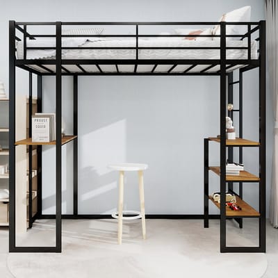 Pugsdrly IJzeren bedframe met bed en tafel, kinder- en tienerbed met L-vormig bureau, ijzeren bedframe met veiligheidshek en trap, kan overal worden geplaatst dankzij de trap aan beide zijden