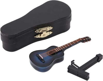 Miniatuur Gitaar Decoratie - Poppenhuis Muziek - Huis Kantoor - Inclusief Standaard - 14cm Lengte - Blauw