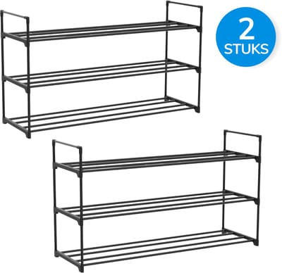 ACAZA Schoenenrek - Schoenenkast - 3 Lagen - Set van 2 - 92 x 30 x 54 cm - Voor 24-30 paar schoenen - Metaal - Zwart