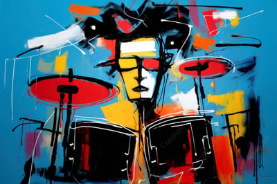 John Joseb Art (Aluminium) 120x80 | Drumstel, drummer, abstract, Herman Brood stijl, kleurrijk, kunst | muziek, muziekinstrument, rood, geel, blauw, modern | foto-schilderij op dibond, metaal wanddecoratie