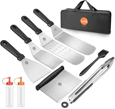 Professionele Grill Spatula Set van RVS - 9-delige BBQ Accessoires met Borstels en Draagtas voor Buiten koken
