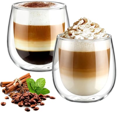 glastal set van 2 dubbelwandige 250 ml koffieglazen, theeglazen met handvat, borosilicaatglas, koffiekopjes, dubbelwandige glazen, koffiemokken, ideaal voor cappuccino, ijsthee, melk, sap, bier