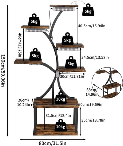 NordHaus Plantenstandaard met Groeilicht - Plantentrap - Bloemenrek Binnen - LED Verlichting - 8 Niveaus - 150 cm Hoog Bruin