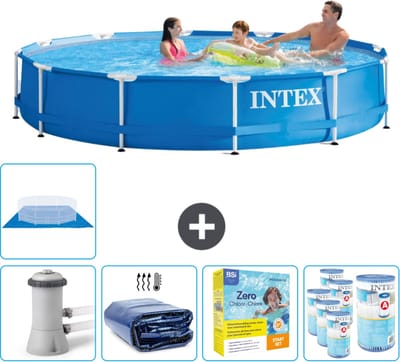 Intex Rond Frame Zwembad - 366 x 76 cm - Blauw - Inclusief Pomp Solarzeil - Onderhoudspakket - Filters - Grondzeil