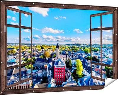 Gards Tuinposter Doorkijk Maastricht Stad met Huizen - 180x120 cm - Tuindoek - Tuindecoratie - Wanddecoratie buiten - Tuinschilderij