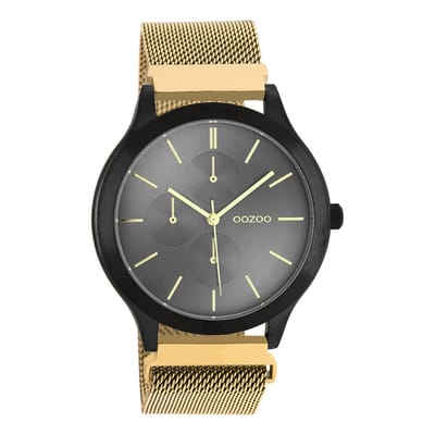 OOZOO Timepieces - Zwarte horloge met goudkleurige metalen mesh armband - C10689